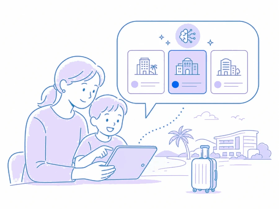 子連れ旅行のホテル探しをAIに相談する親子のイラスト